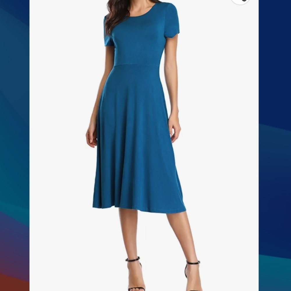Urban CoCo (Size L) Steel Blue Short Sleeve Stretch Slim Fit & Flare Midi Dress